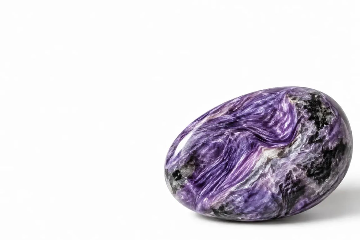 Charoïte polie révélant ses fibres violettes, ses veines et son éclat soyeux
