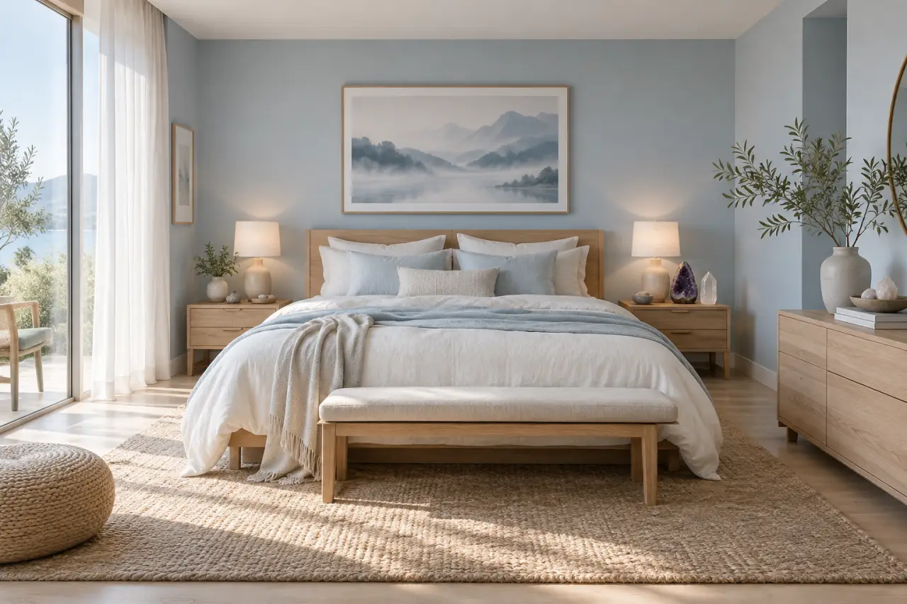 Une chambre Feng Shui privilégie les teintes douces, avec le bleu brume en tête