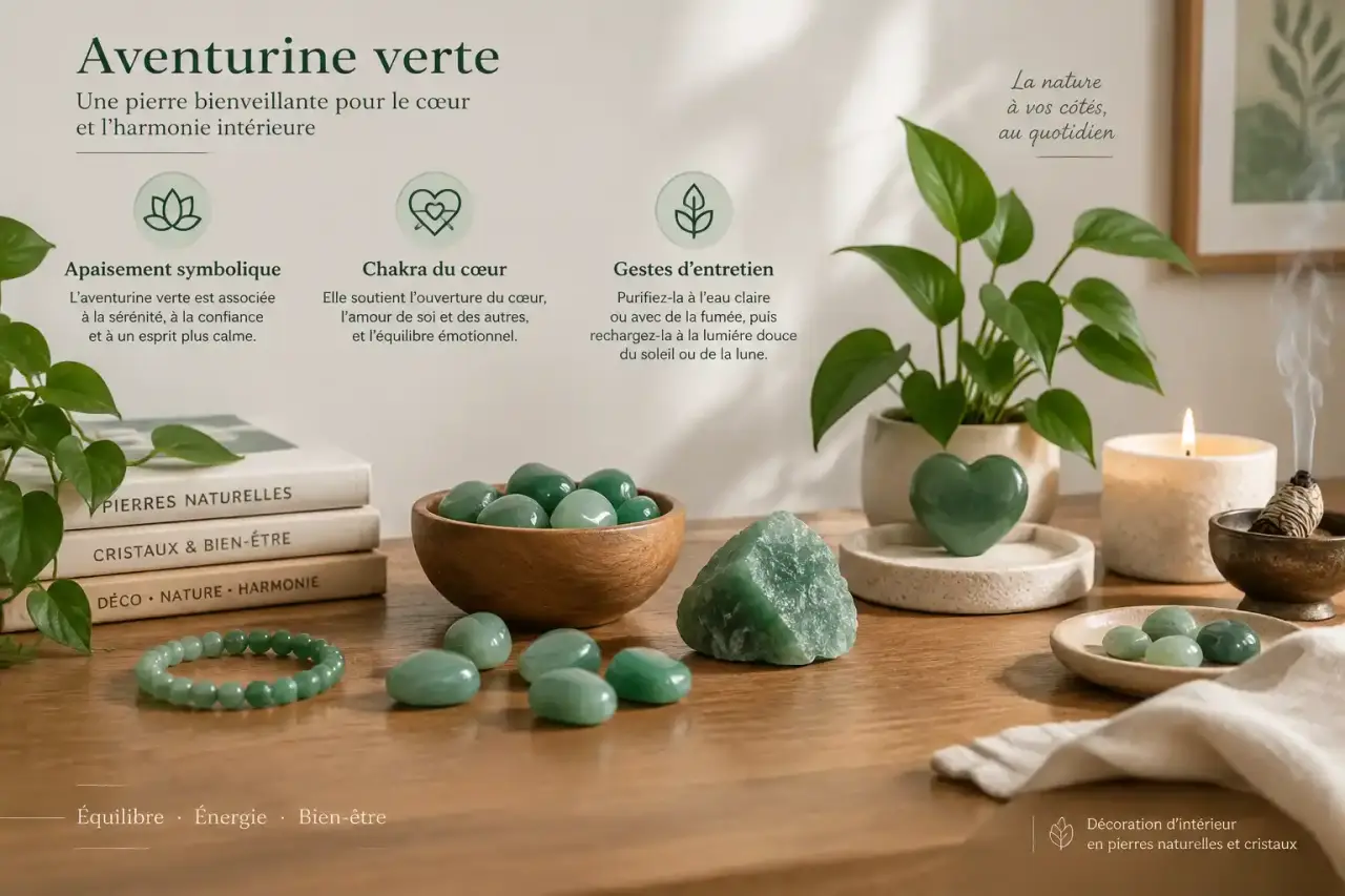 Vertus de l’aventurine verte : apaisement symbolique, chakra du cœur et gestes d’entretien